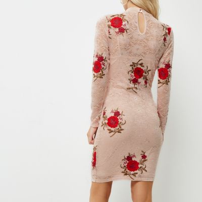 Petite pink floral embroidered bodycon dress